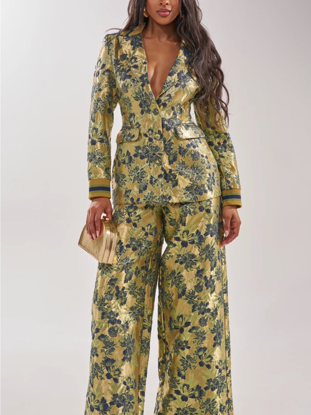 AKIRA Brocade Metallic Rose Gold & Champagne Floral suit [Blazer XL + Pants 1X]